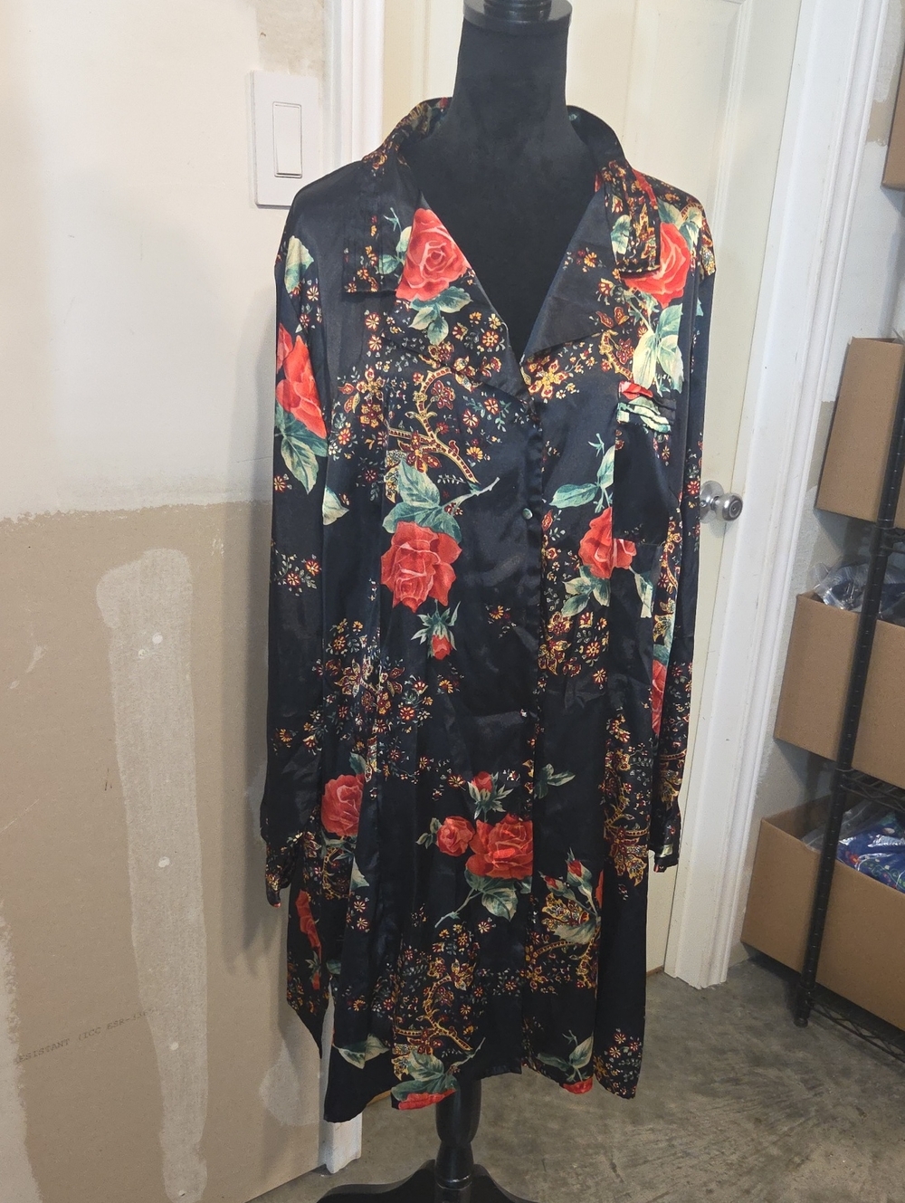 Kim Rogers Intimates Black Satin Floral Button-Up Dress Pajama Gown